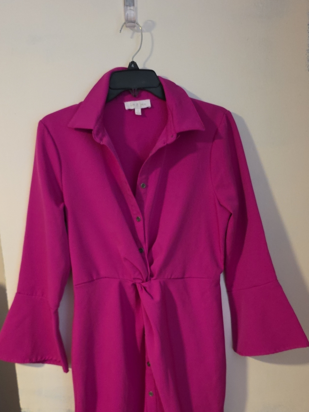 Women's Magenta Button-Front Faux Tie-Waist Midi Dress
